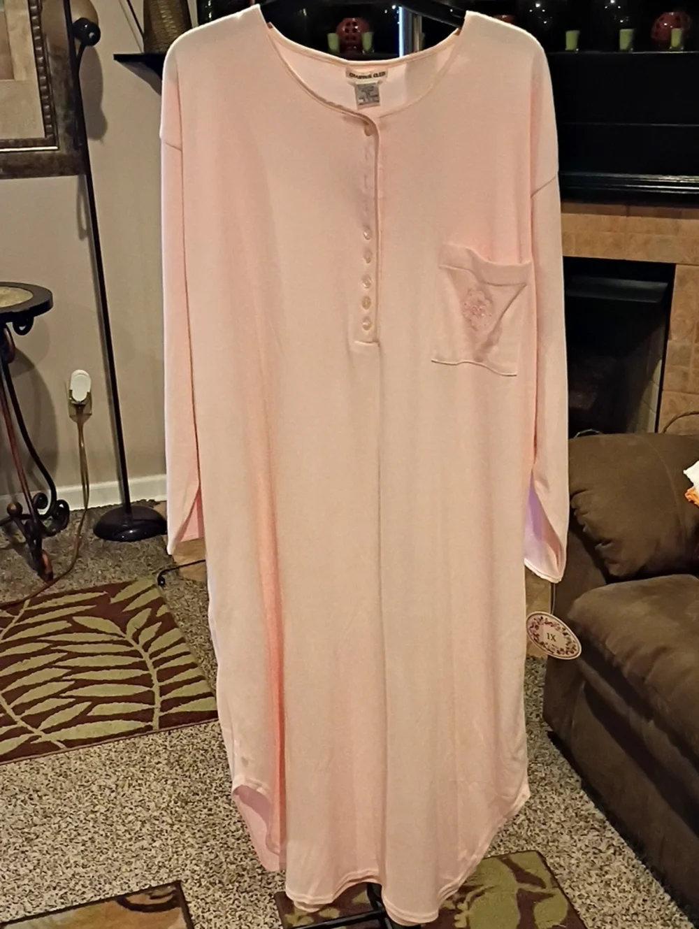 Charter Club Pale Pink Satin-Trim Nightgown w Floral Crocheted Laced Pocket